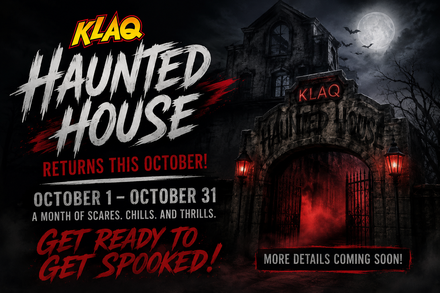 KLAQ Haunted House poster with spooky mansion, moonlit red doorway, and event dates October 1–31