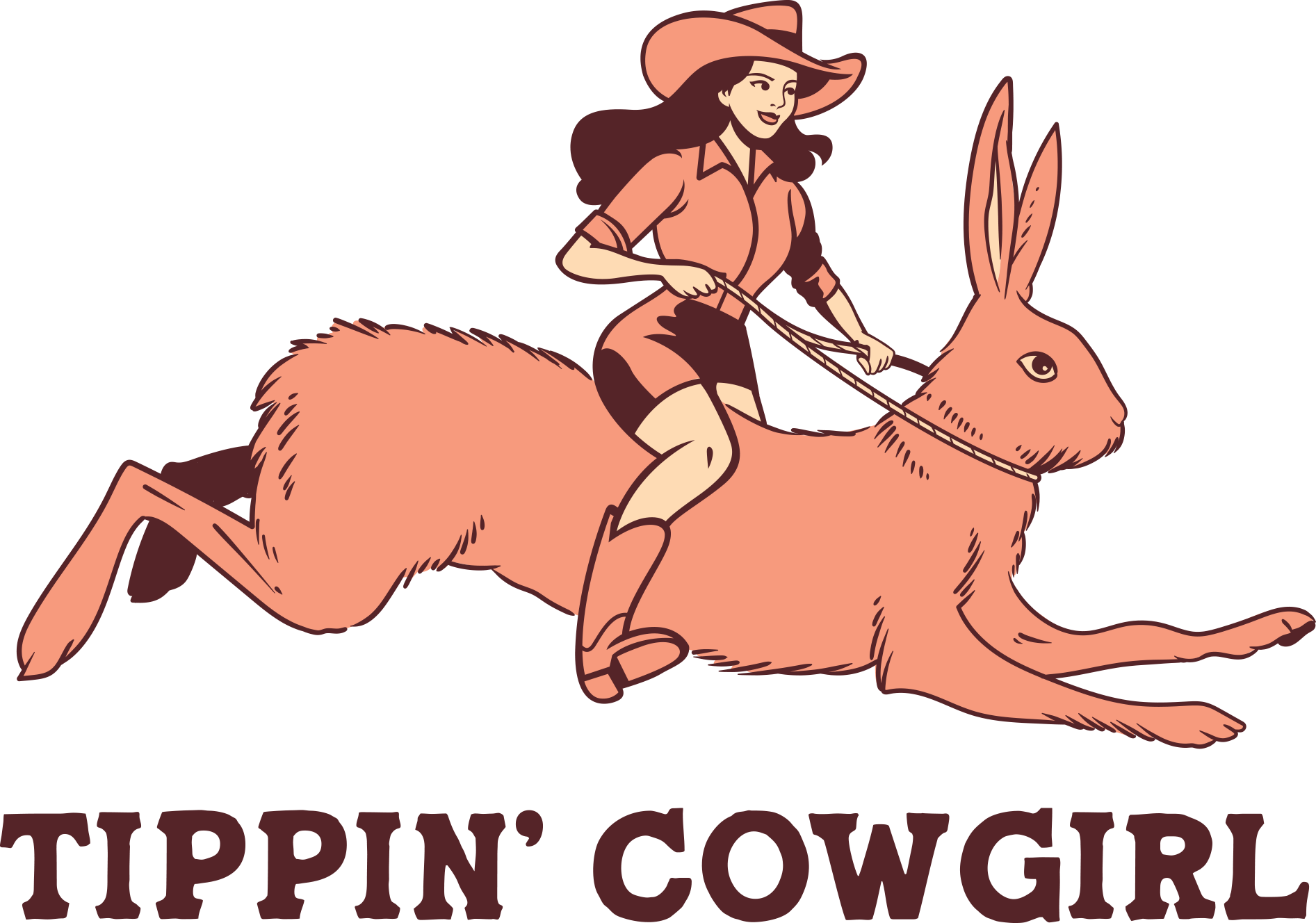Cowgirl riding a pink jackrabbit above the words “TIPPIN’ COWGIRL”