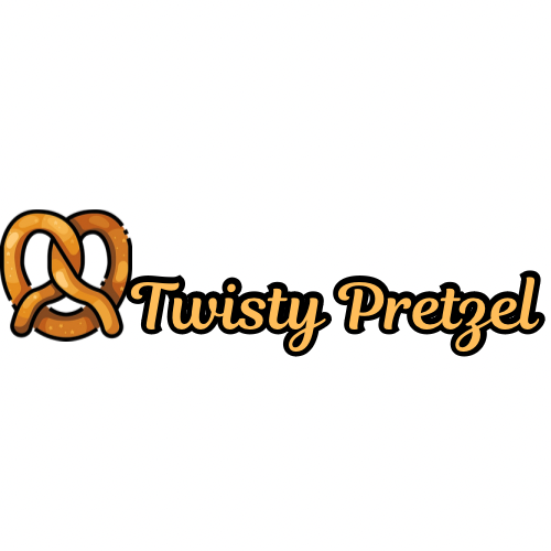 Orange pretzel logo with the text “Twisty Pretzel” in black outlined script