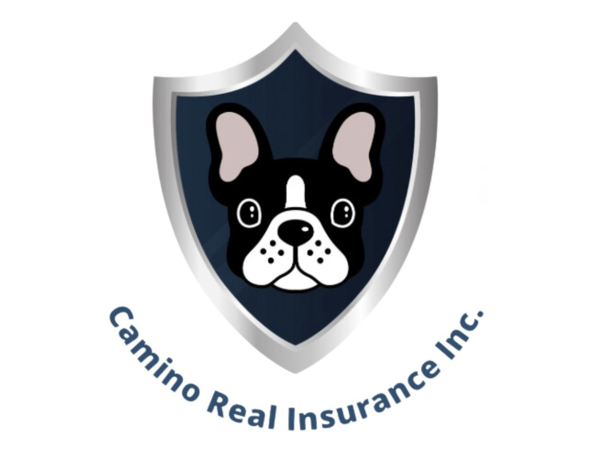 Camino Real Insurance Inc. logo with a black-and-white dog inside a silver shield