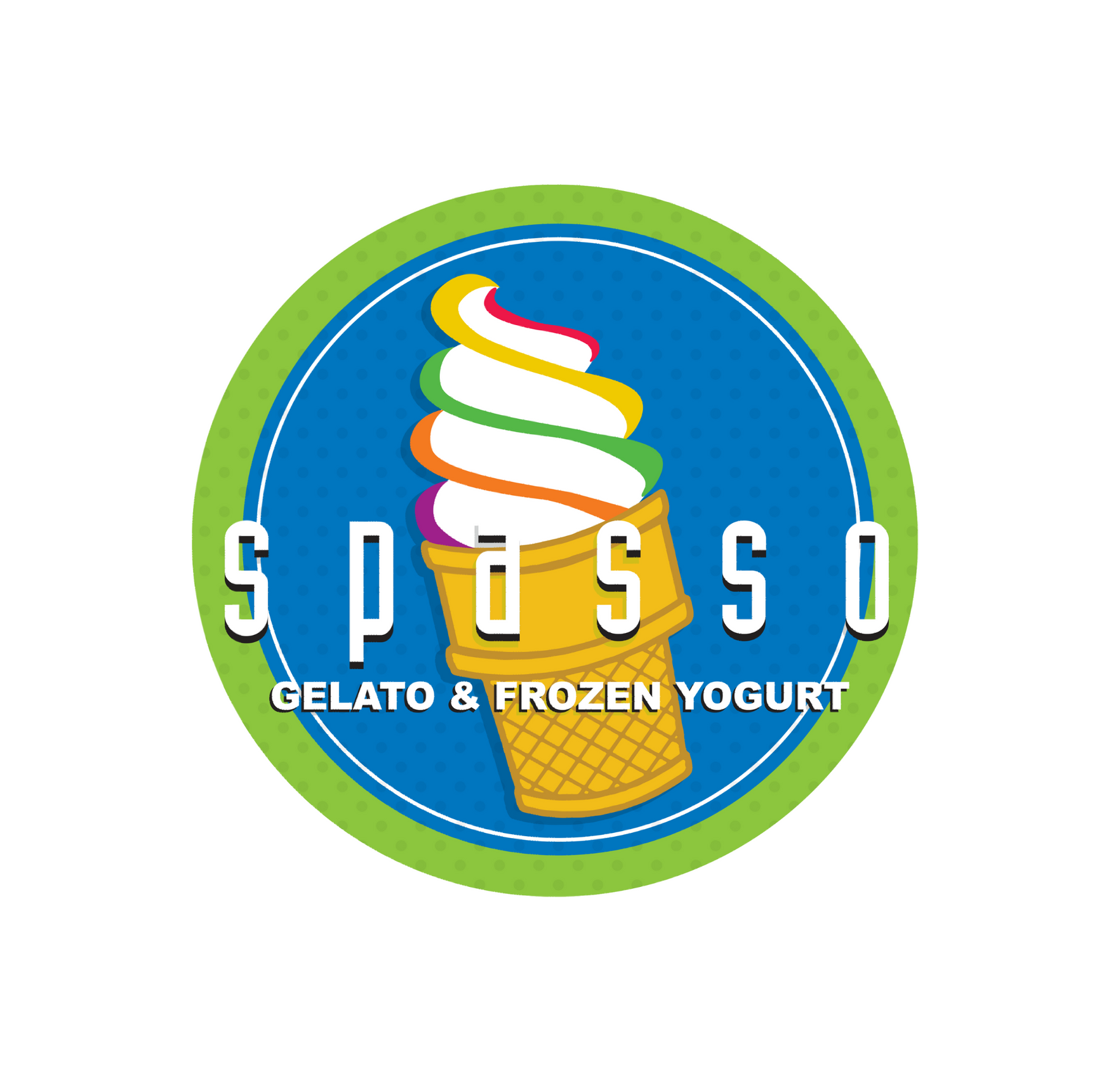 The logo for spasso gelato and frozen yogurt
