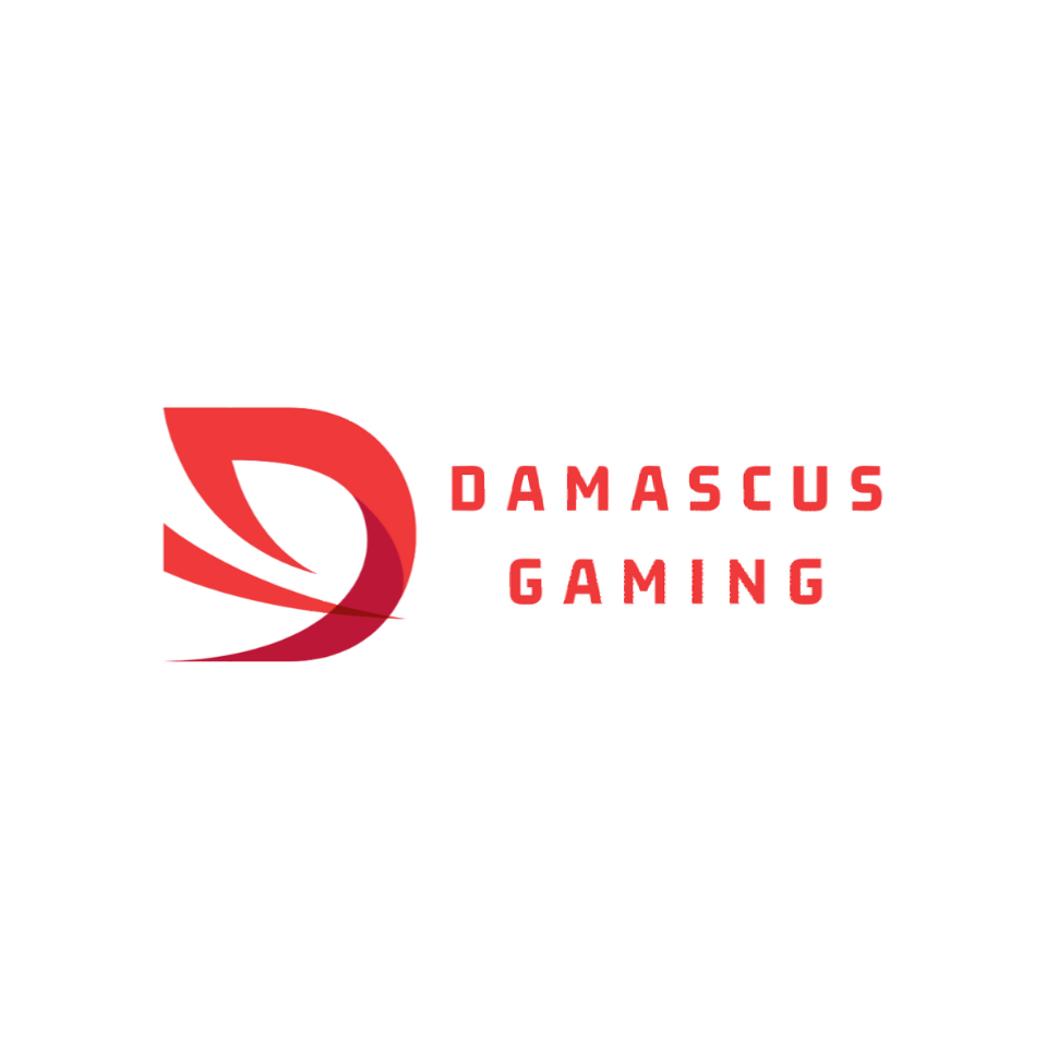 A logo for damascus gaming with a red d on a white background.