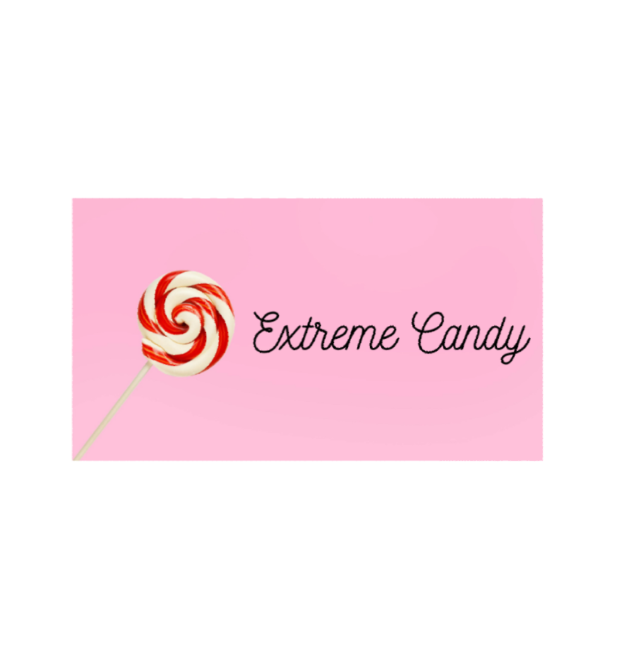 The logo for extreme candy shows a lollipop on a pink background.