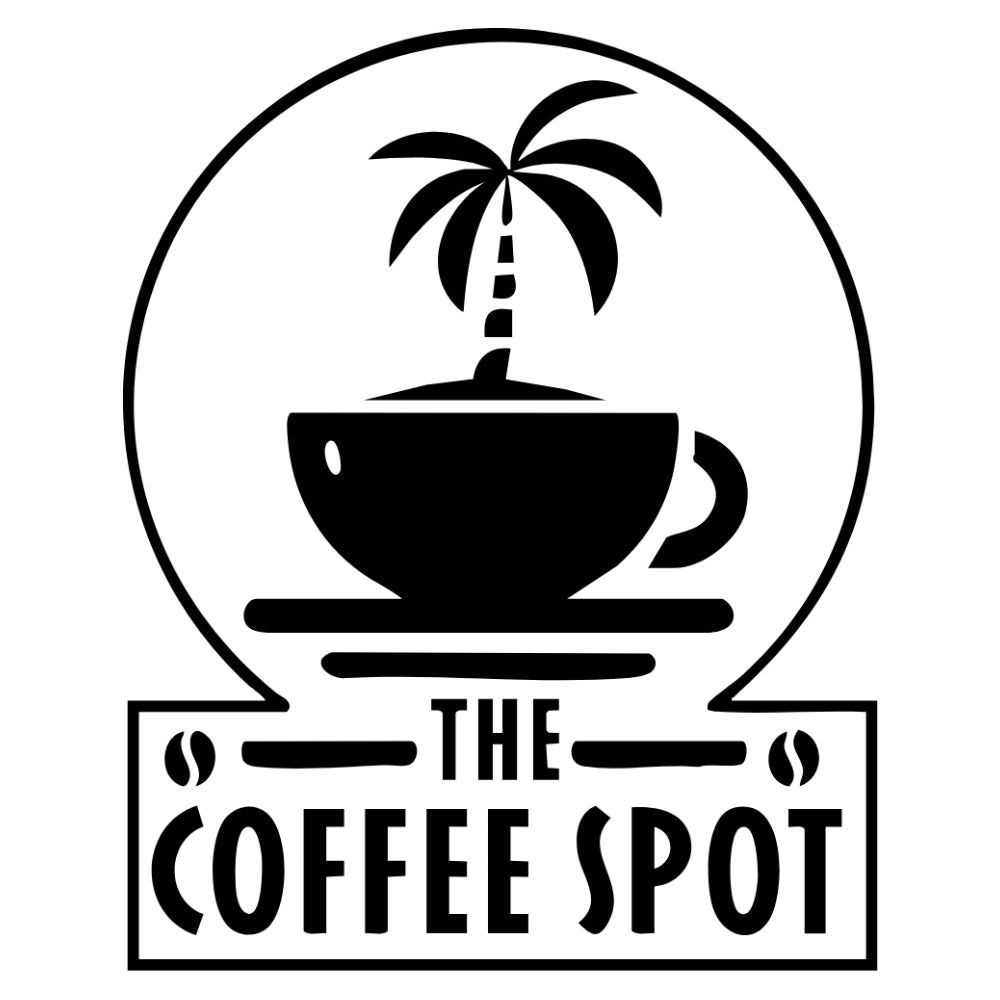 A black and white logo for the coffee spot with a cup of coffee and a palm tree.