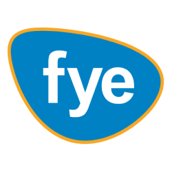 A blue oval with the word fye on it