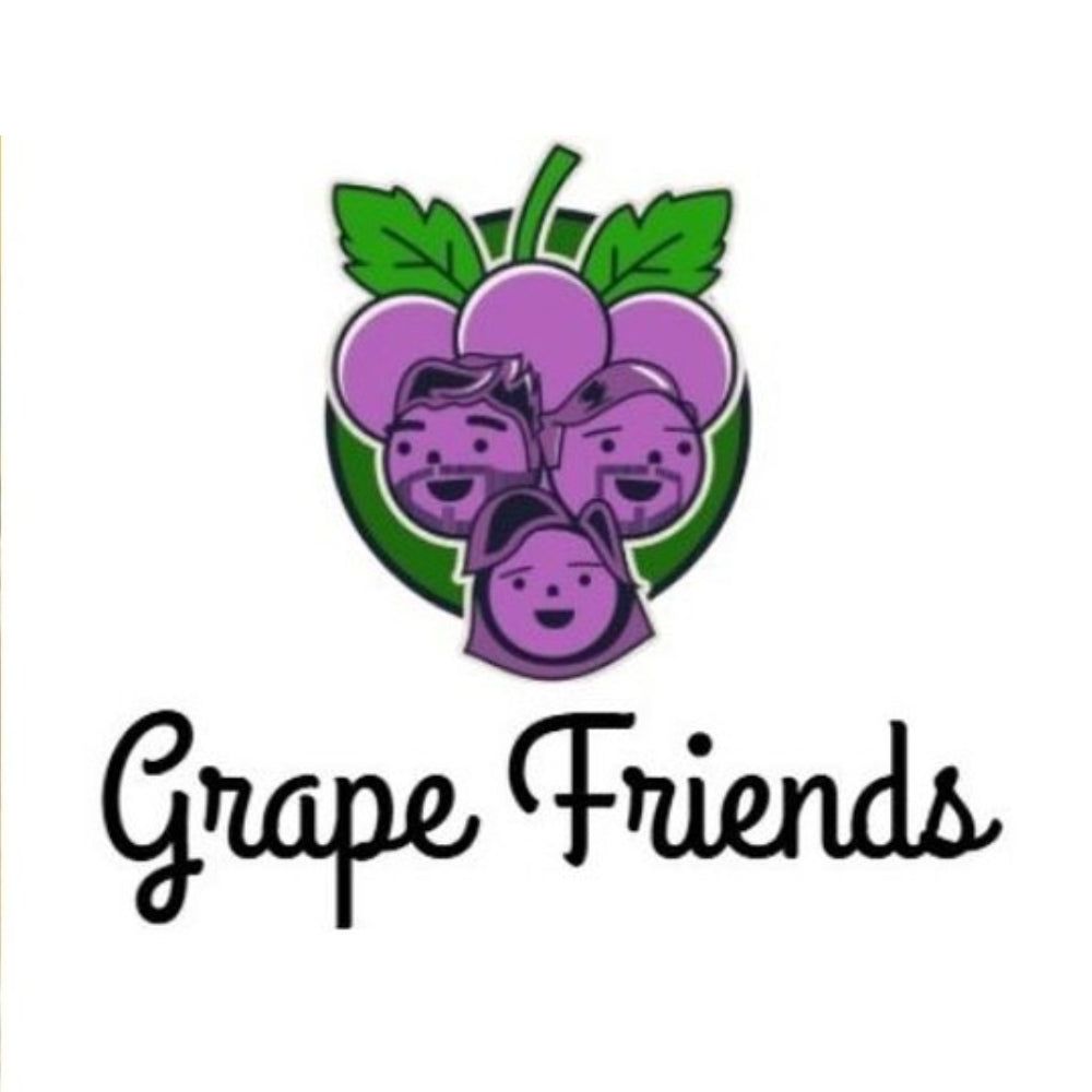 A logo for grape friends with a bunch of purple grapes