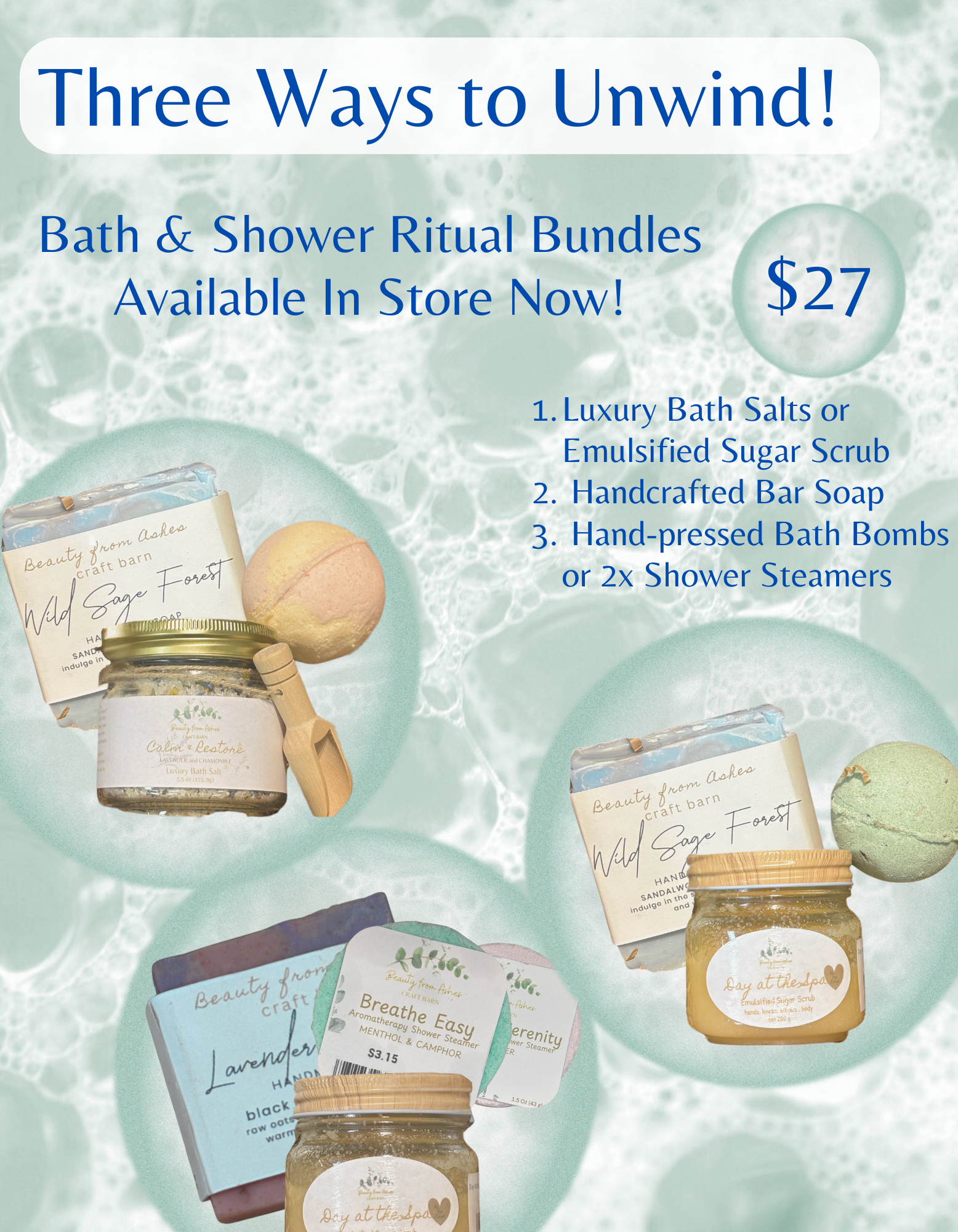 Spa bath and shower gift bundle ad with jars, soaps, and towels, priced at $27.