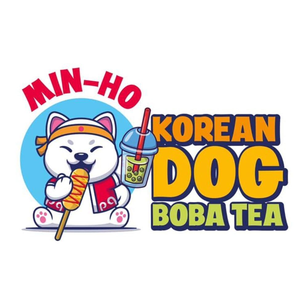 Logo of a smiling white dog sipping boba tea, with “MIN-HO KOREAN DOG BOBA TEA” in bold colorful text