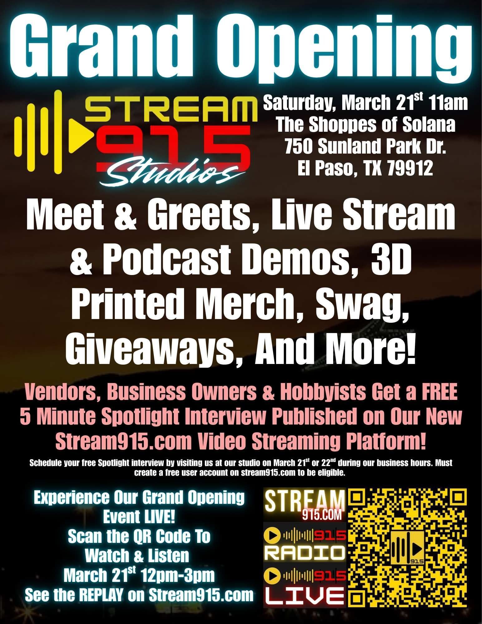Grand opening flyer for Stream 95.9 Studios with live demos, podcast demos, merch, giveaways, and QR code.