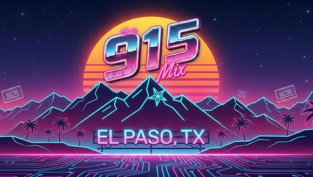 Neon retro 915 logo over mountains and sunset, with “EL PASO, TX” text in pink and purple.