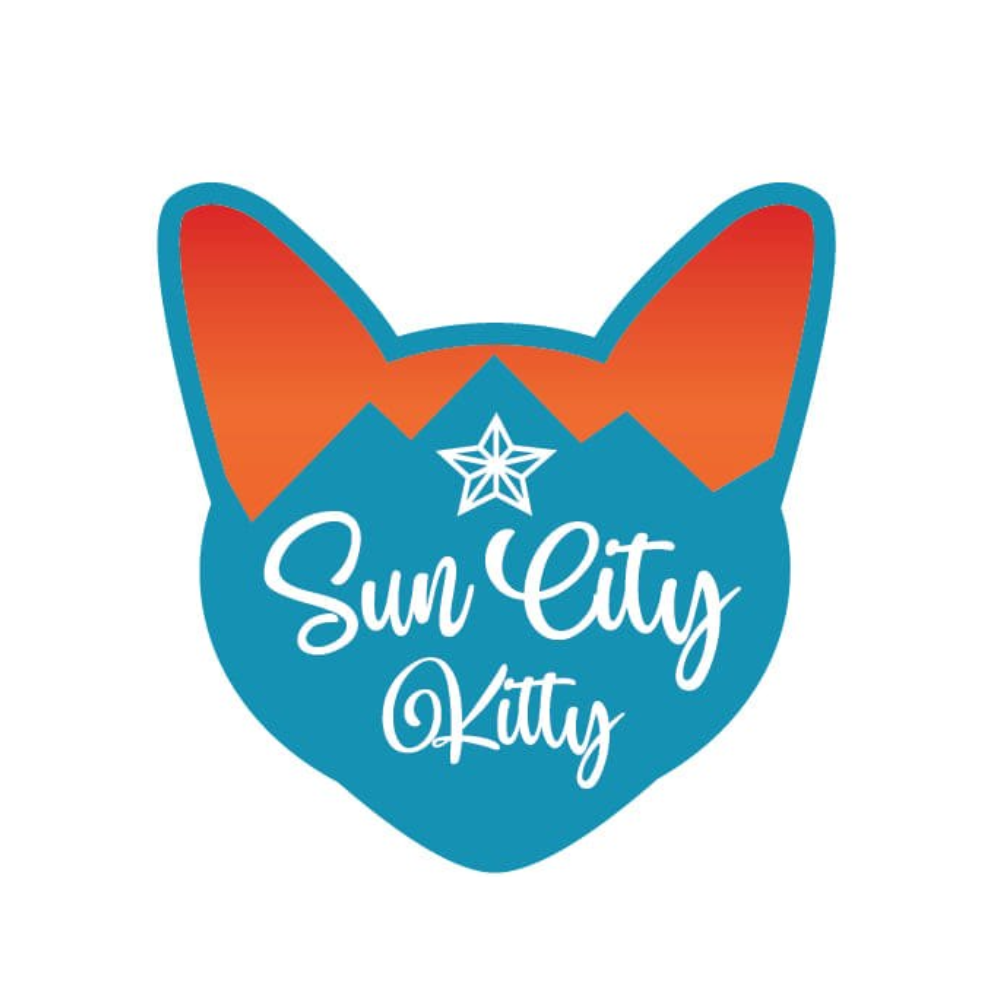 Sun City Kittys logo with teal cat head, orange ears, and white script text