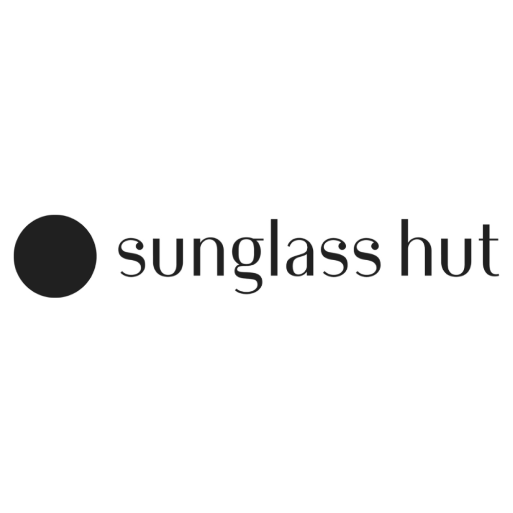 The sunglass hut logo is black and white and has a circle in the middle.