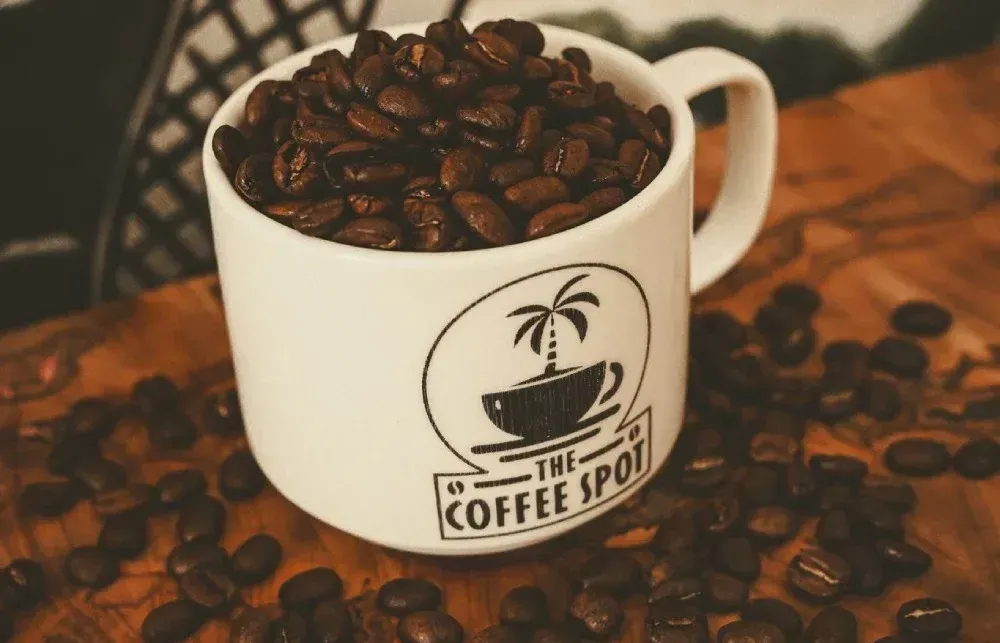 A white coffee cup filled with coffee beans from the coffee spot
