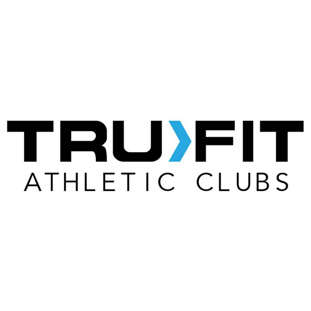 The logo for tru fit athletic clubs is black and blue.