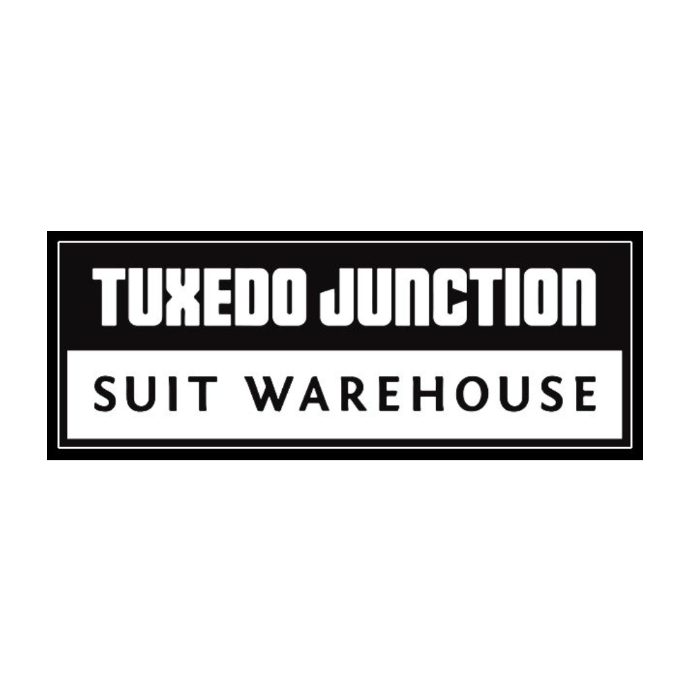 The logo for tuxedo junction suit warehouse is black and white.