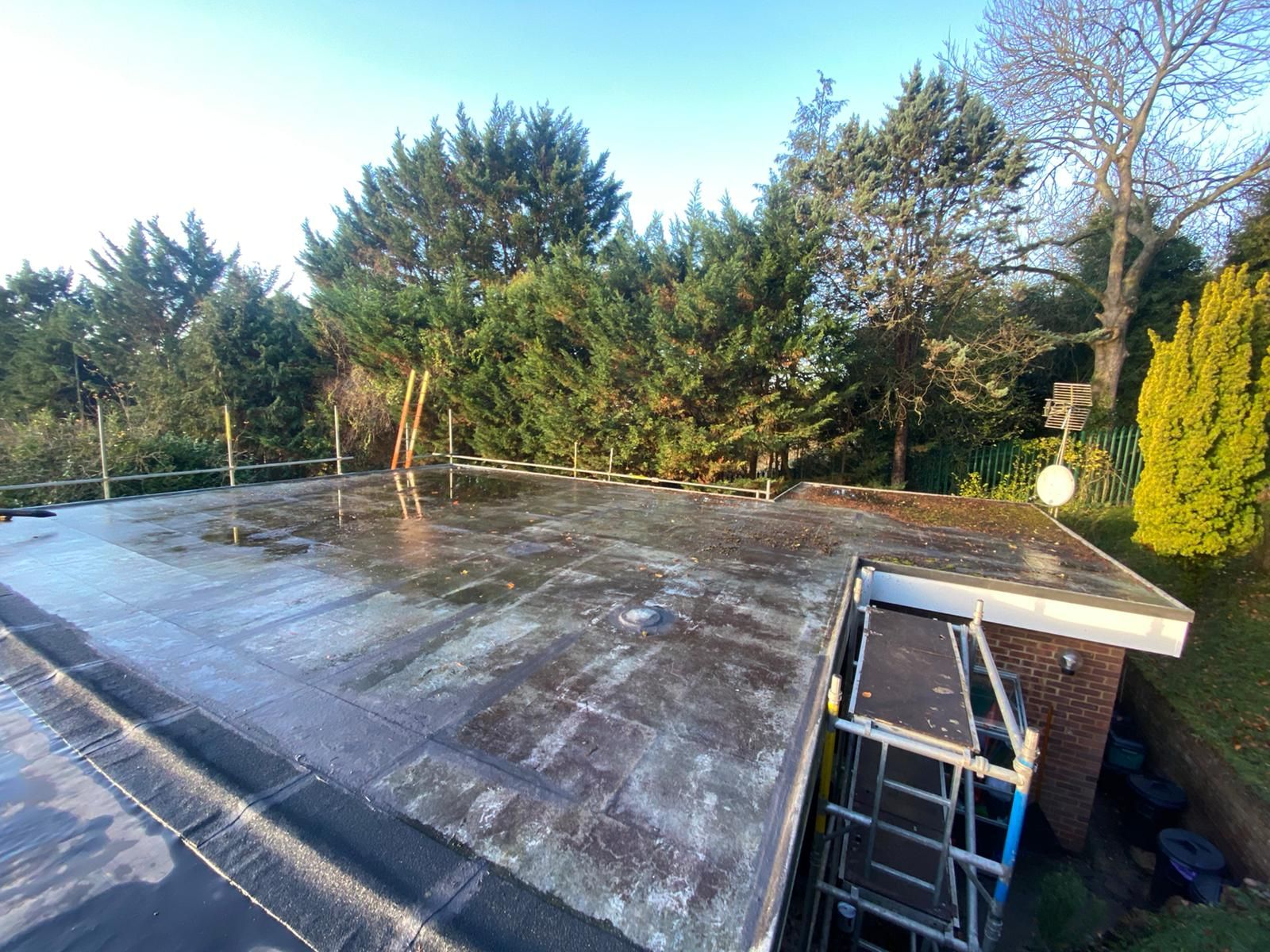 A roof with a ladder on it and trees in the background.
