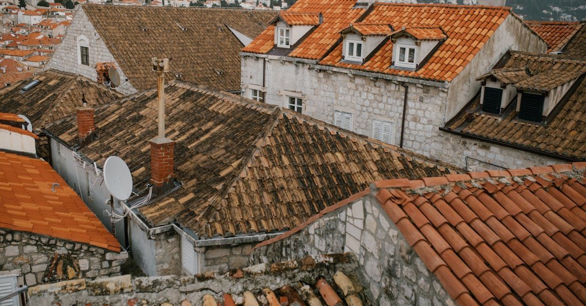 An aerial view of a row of houses with red tile roofs.