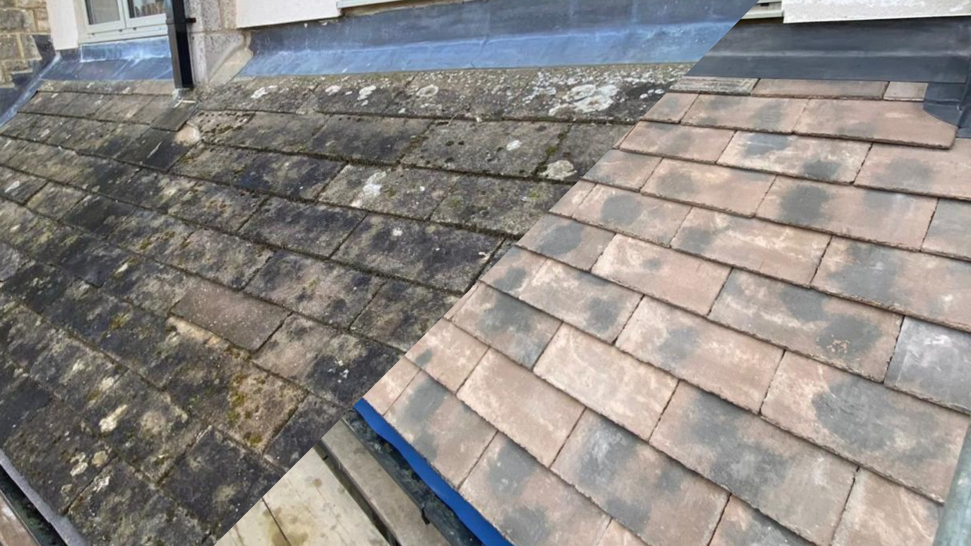A split image of damaged roof and a clean roof