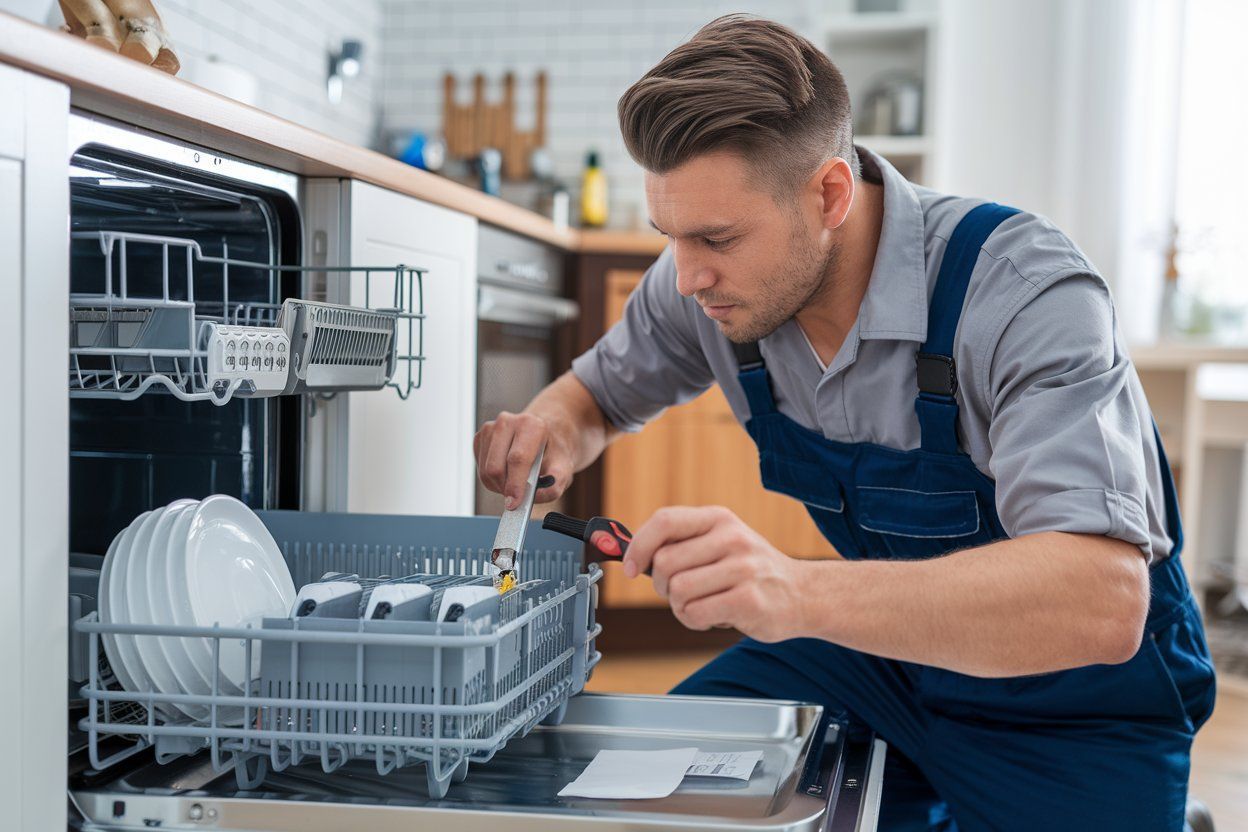 A man is fixing a dishwasher in a kitchen.