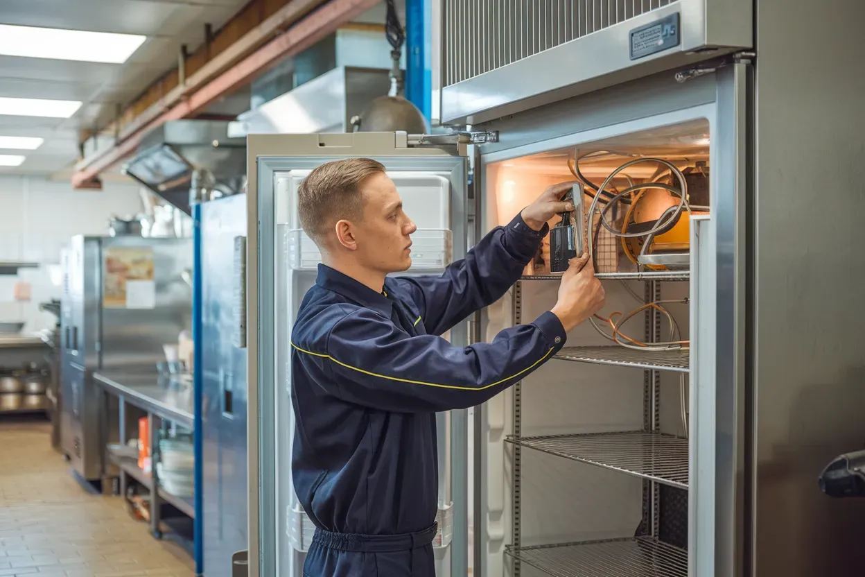 A man is working on a refrigerator in a kitchen.