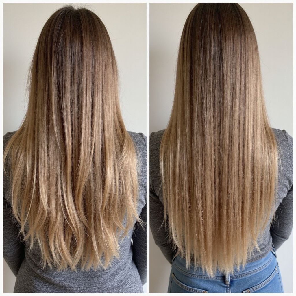 Before and after view of a woman's long, straight, blonde ombre hair.