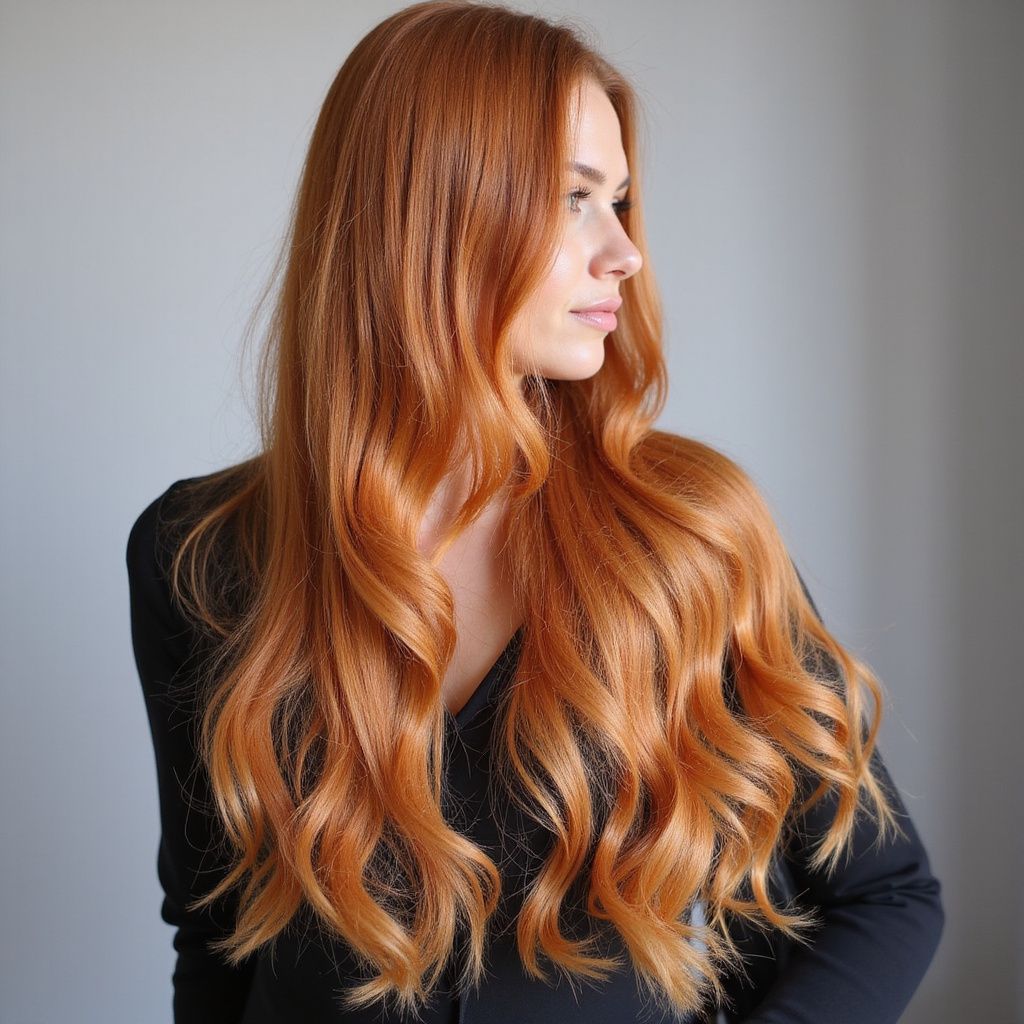 Woman with long, wavy auburn hair, turned to the side, wearing a black shirt, against a gray background.
