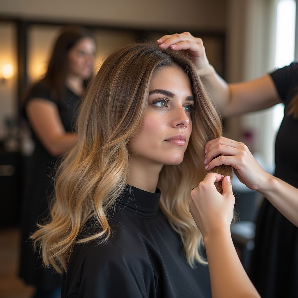 Woman having her hair styled at a salon; a stylist is adjusting the blonde ombre waves.
