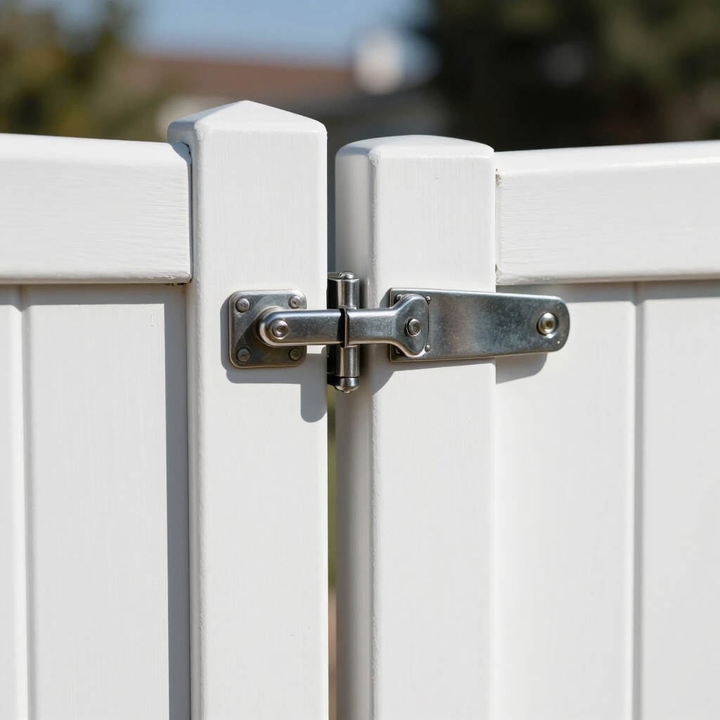 Close-up of a silver latch on a white vinyl fence gate.