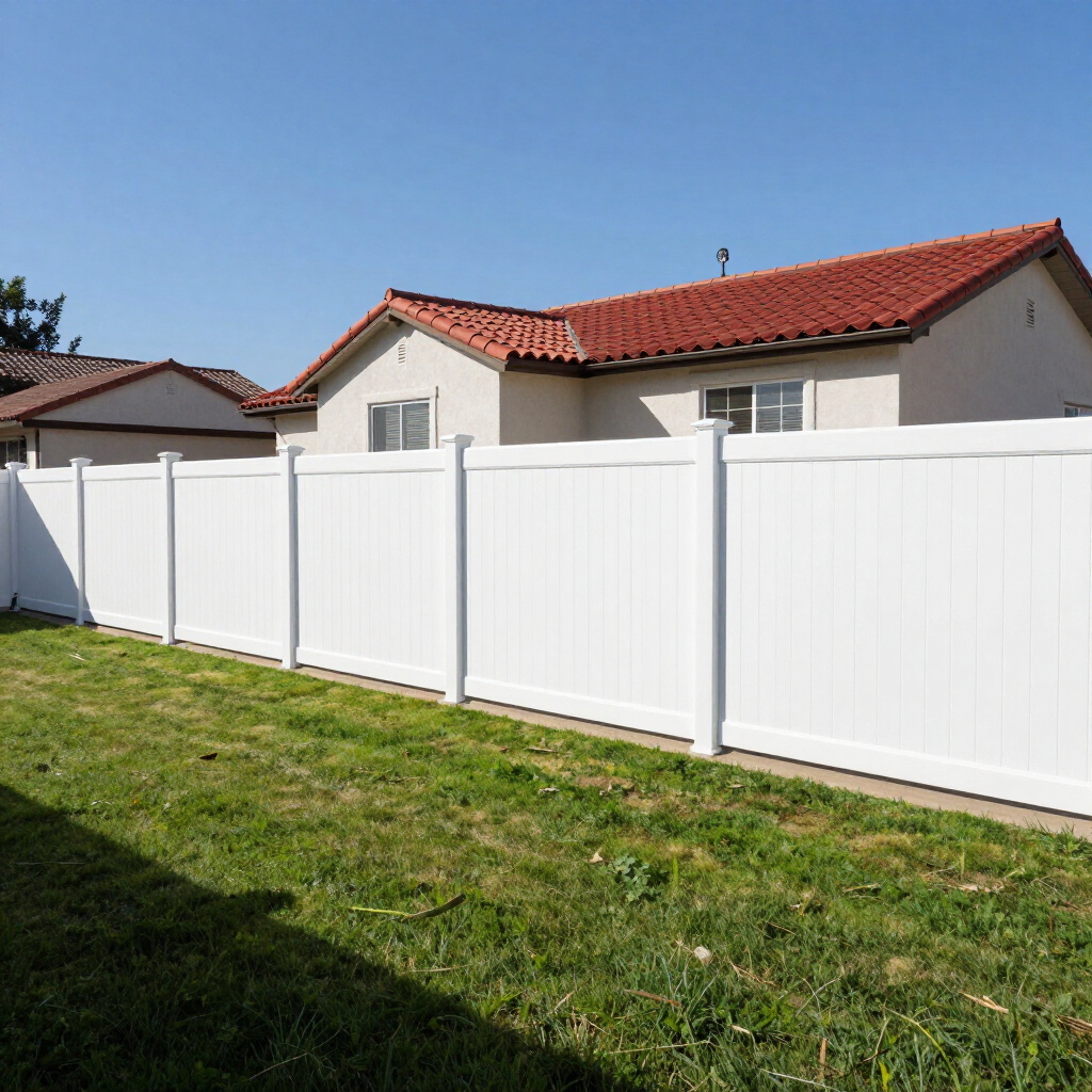 White vinyl fence along a grassy yard with beige houses and red-tile roofs under a clear blue sky