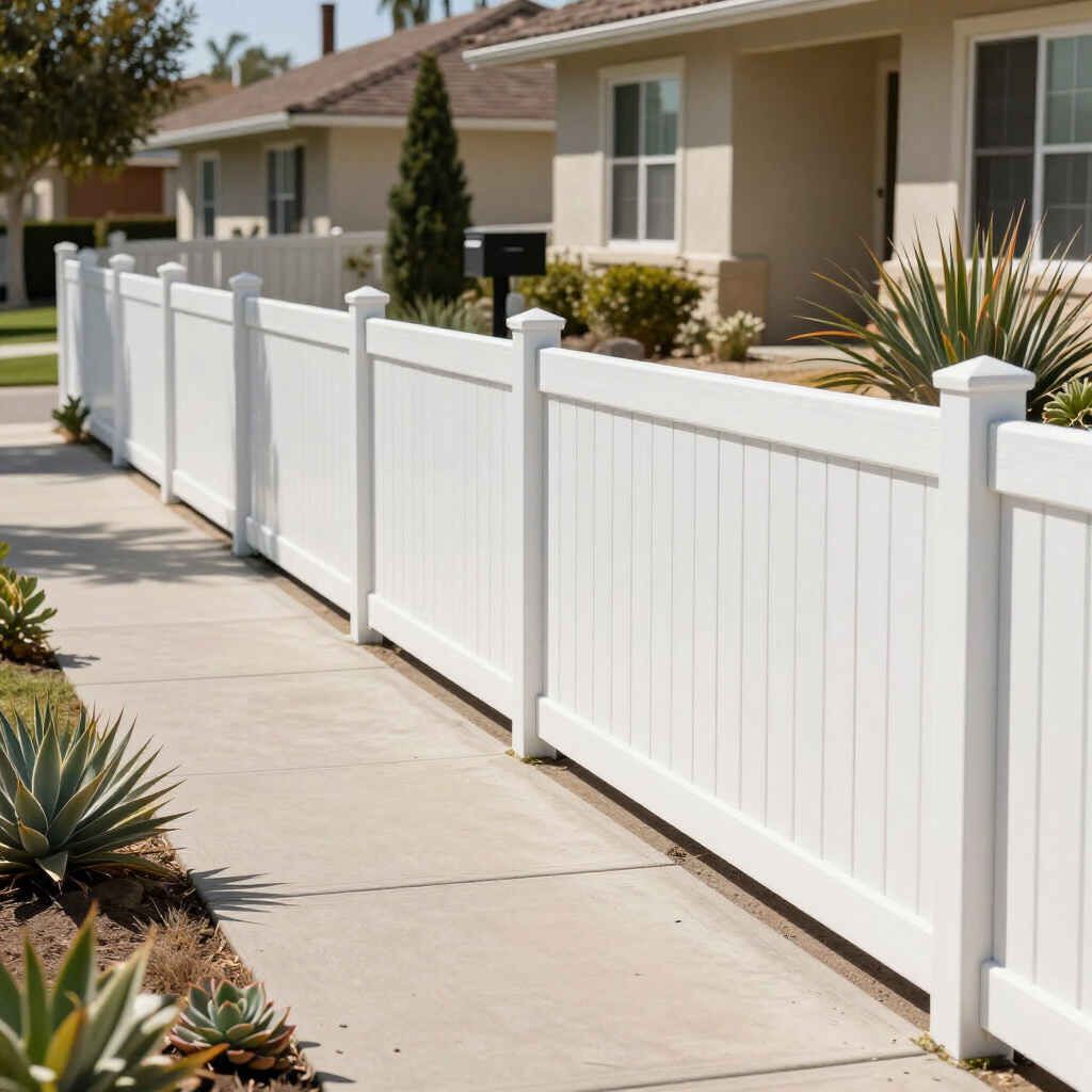 White vinyl fence along a sidewalk beside beige houses and desert landscaping