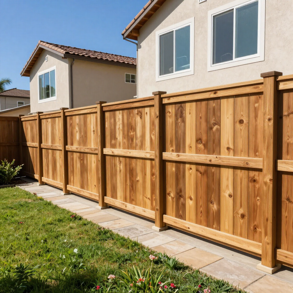 Wooden privacy fence along a suburban backyard beside tan houses and a grassy lawn