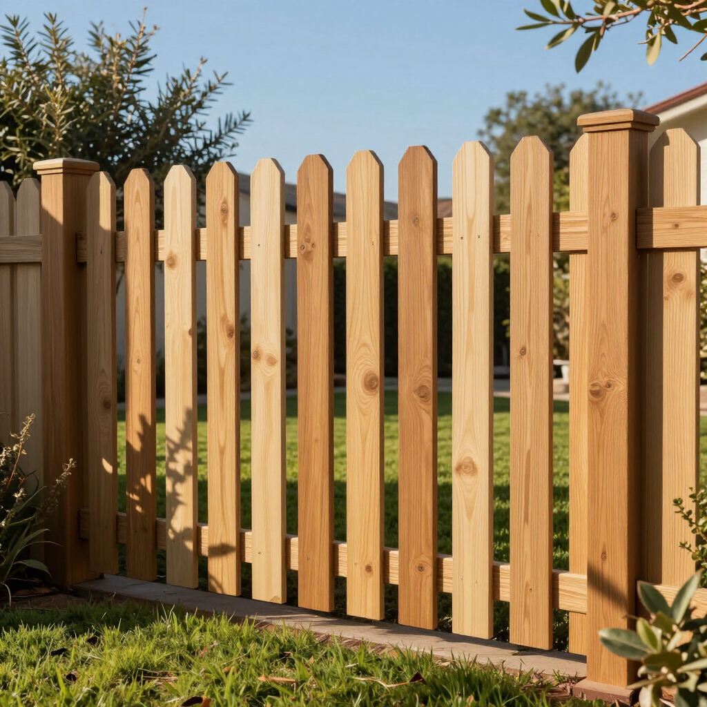 Wooden picket fence with a gate in a sunny garden, bordered by grass and trees