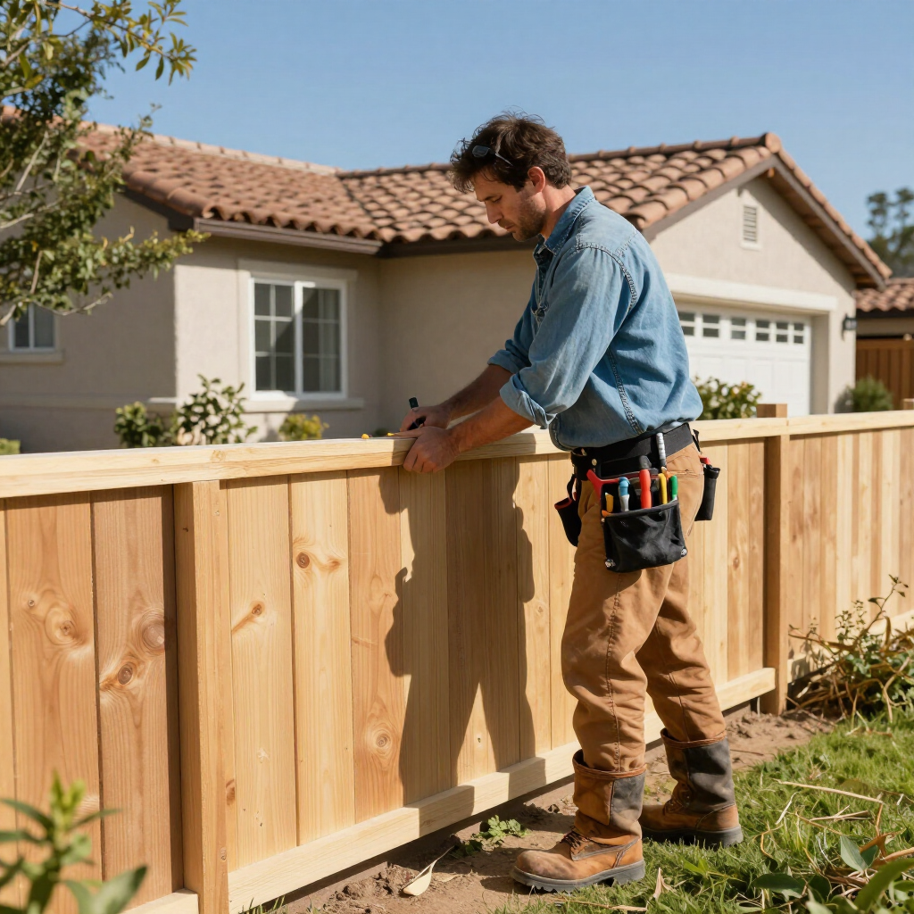 Worker installing a wooden fence in a suburban yard, holding tools at his belt.