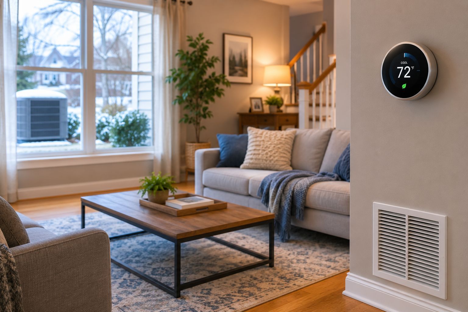 Cozy living room with gray sofa, coffee table, large window, plant, and wall thermostat reading 72°