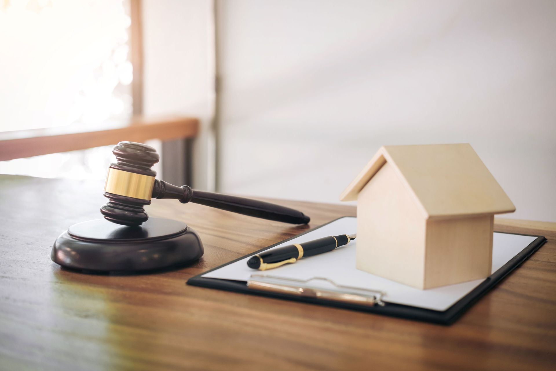 A gavel on a sounding block next to a wooden model home, clipboard, documents, and pen on a table. A gavel on a sounding block next to a wooden model home, clipboard, documents, and pen on a table.