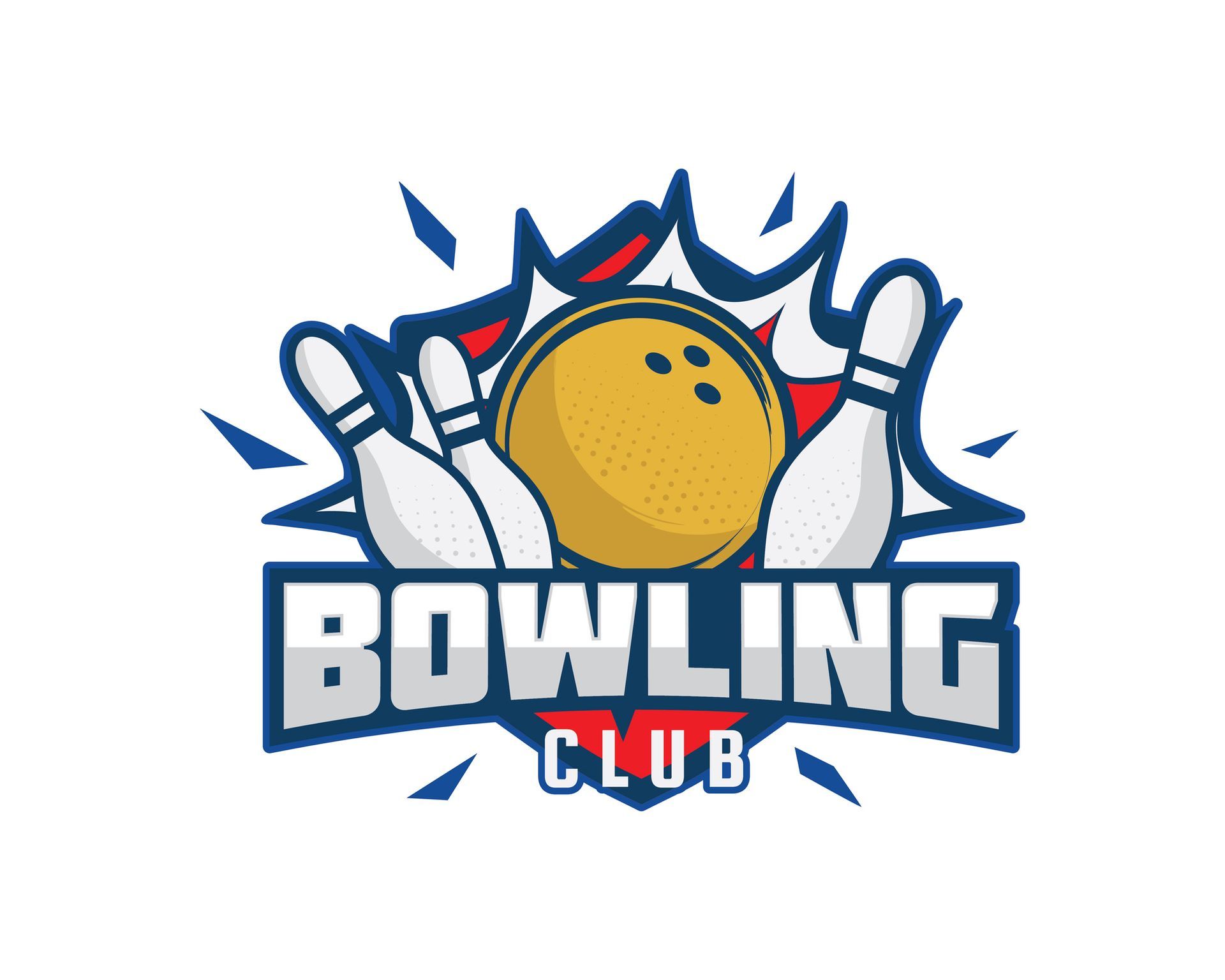 A bowling club logo with a bowling ball and pins.