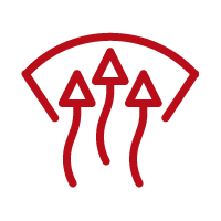 Red windshield defrost icon with three upward arrows on a curved window outline