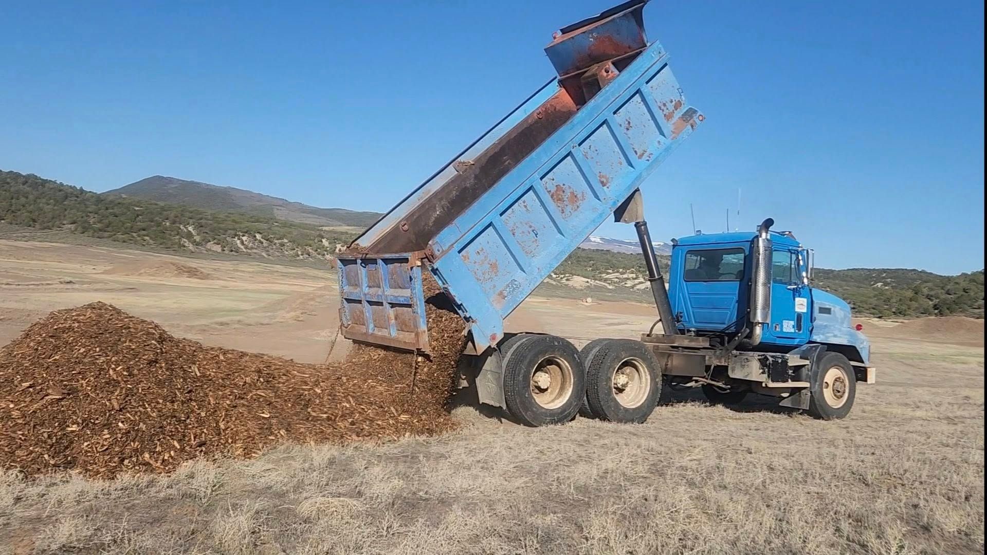 Blue dump truck unloading a load of wood chips onto a dirt lot in a rural landscape