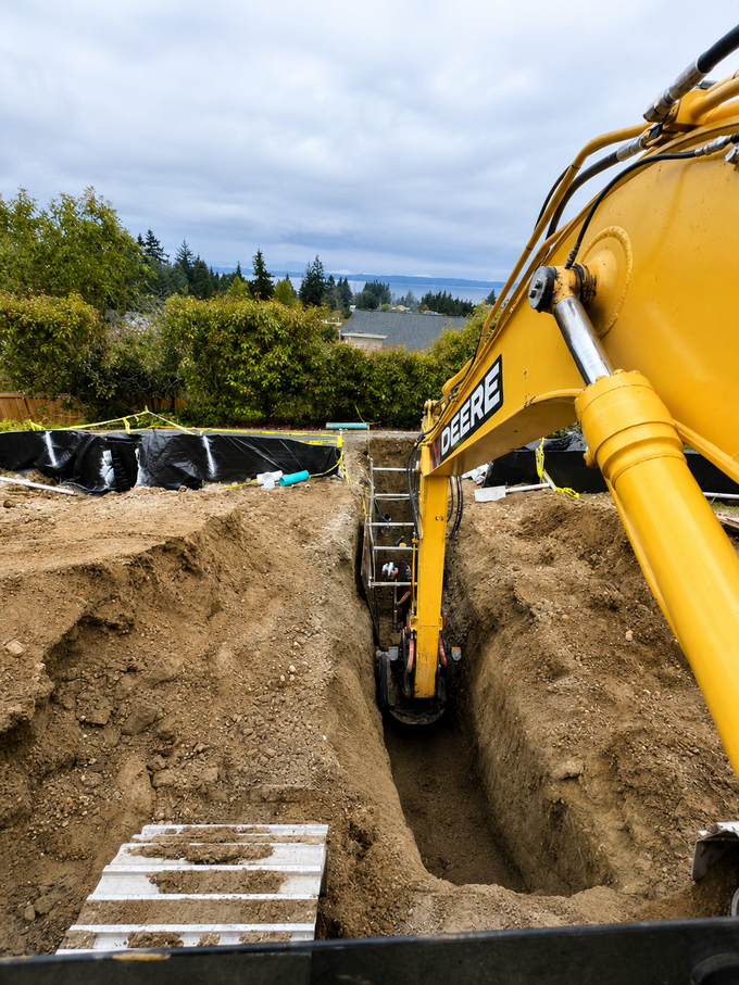 Yellow excavator digging a trench in a dirt construction site under cloudy skies