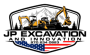 JP Excavation and Innovation logo with excavators, black text, and red-white-blue stars and stripes banner