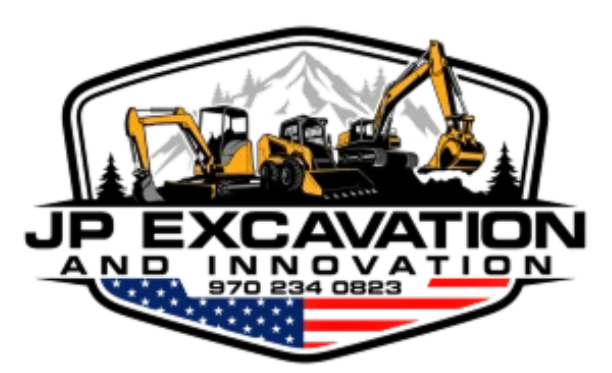 JP Excavation and Innovation logo with excavators, black text, and red-white-blue stars and stripes banner