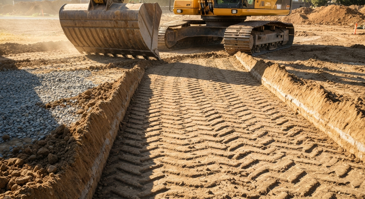 Small excavator digging a trench on a dusty lot beside a white building and piles of dirt