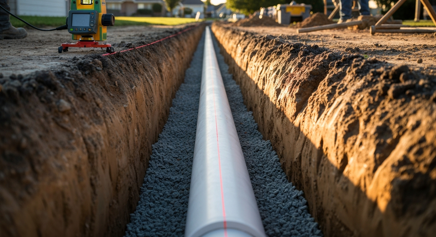 Exposed damaged pipe in a dirt trench with a blue cable and debris around it