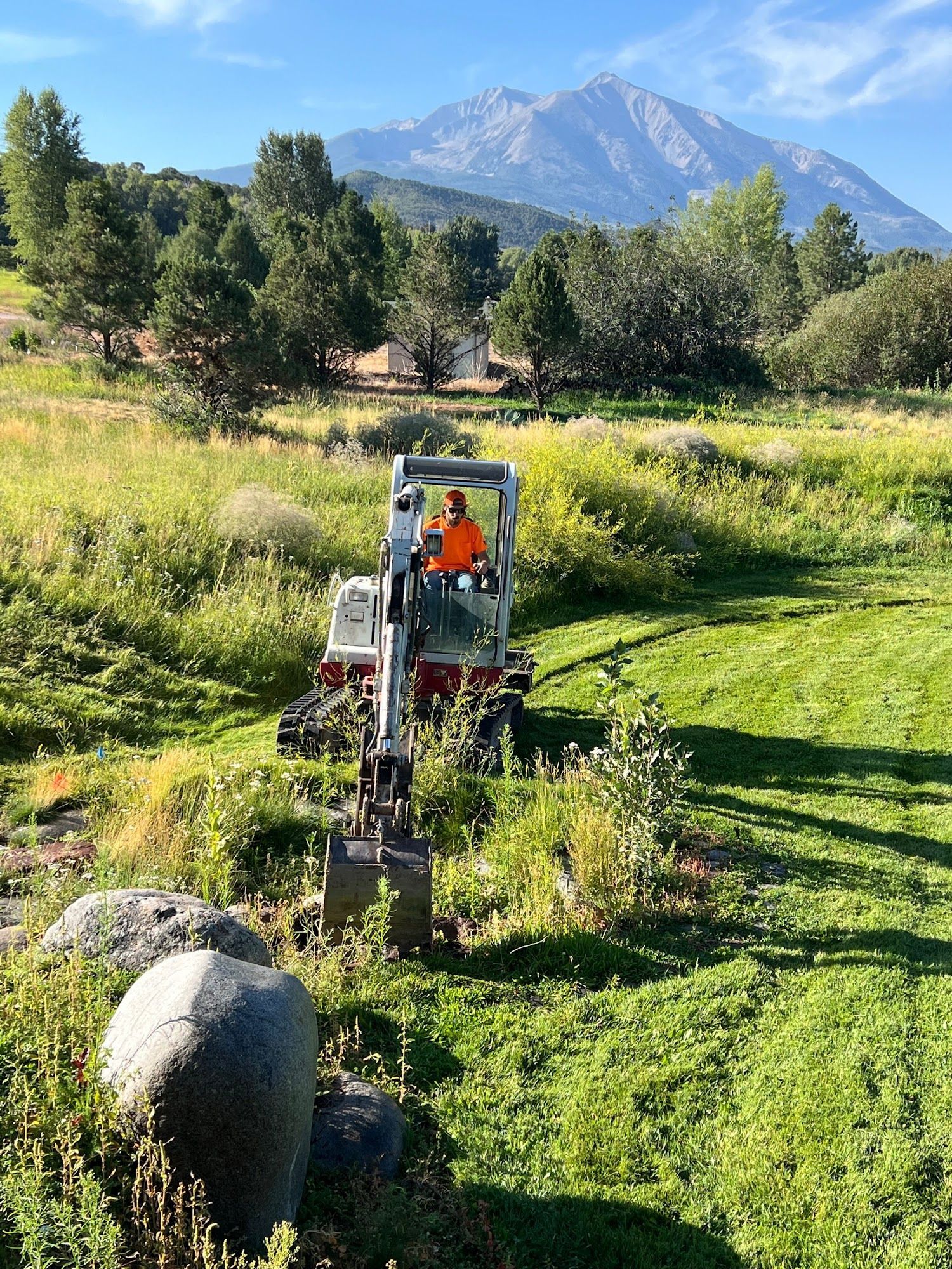 Person mowing a grassy field with a tractor, mountains in the background.
