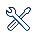 Blue wrench and screwdriver crossed in a simple tools icon on a white background