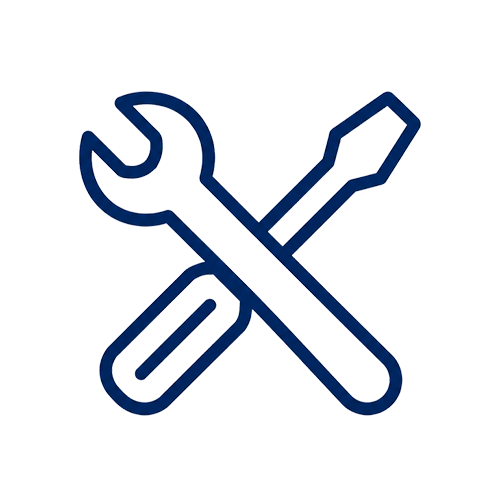 Blue wrench and screwdriver crossed in a simple tools icon on a white background