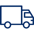Blue outline icon of a delivery truck on a white background