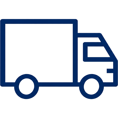 Blue outline icon of a delivery truck on a white background