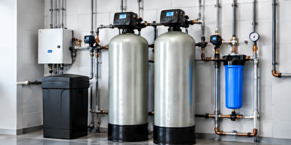 Indoor water treatment system with two stainless tanks, blue filter, pipes, and control panels