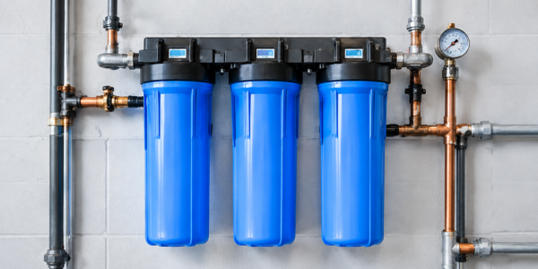 Three blue water filter cartridges mounted on copper pipes with gauges on a wall.